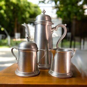 JOSTEN'S PEWTER COFFEE TEA POT Sugar Bowl Creamer Set Marked 130 Vintage Lovely